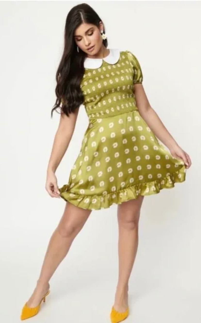 Smak Parlour Womens Green Floral Smocked Short Sleeve Flare Dress Size Medium